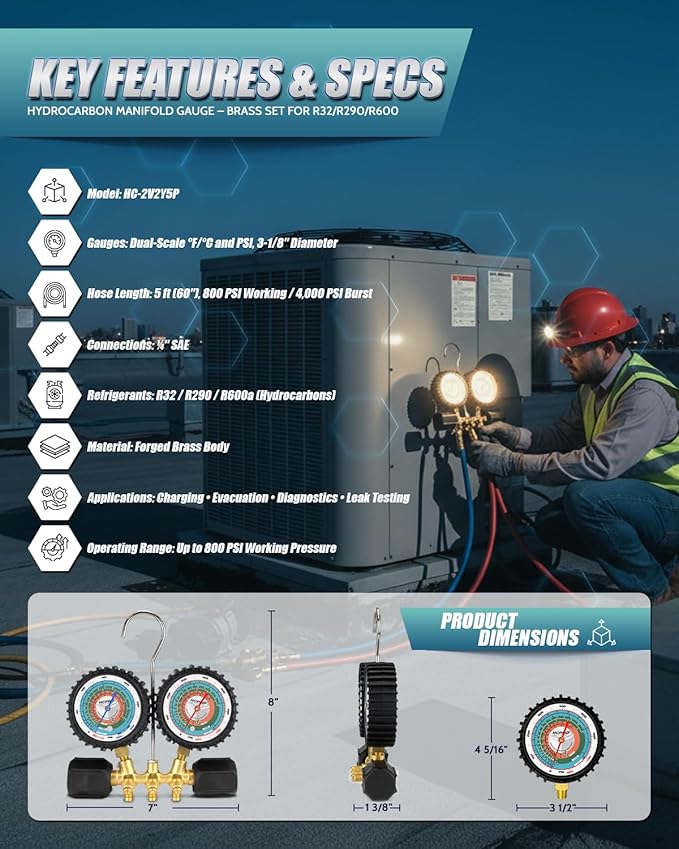 HCPRO Manifold Gauge Set R32 R290 R600 Hydrocarbon Refrigerant | Dual Scale F/C PSI | HVAC AC Brass Gauges 3-1/8" 800 PSI | 36" Hoses 4000 PSI Burst | Professional Service Kit
