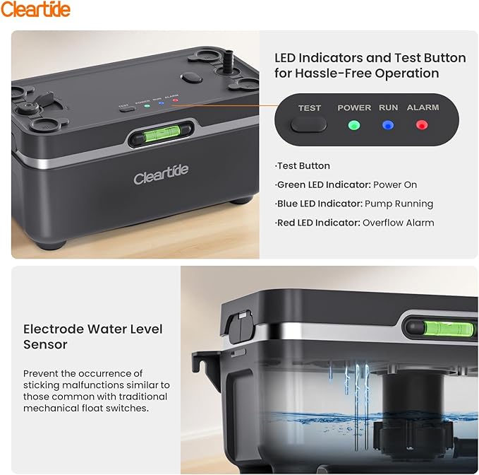 Cleartide Condensate HVAC Pump, Ultra-Quiet 25dB, 1/30 HP 135 GPH, Automatic Condensate Removal Pump with Safety Switch for Air Conditioner/Furnace/Dehumidifier/Ice Machine, 100-240V, 27ft Head Height