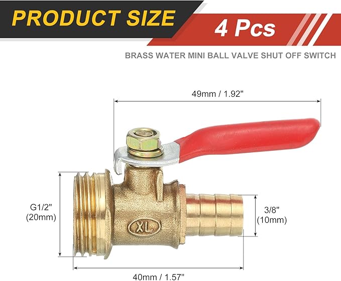 uxcell 2Pcs Brass Water Mini Ball Valve Shut Off Switch, G1/2" Male x 3/8" Hose Barb, 180 Degree Operation Handle, Brass Valve