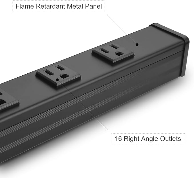Long Heavy Duty Metal Power Strip - 16 Outlet Large Industrial Multi Wide Strip for Garage Workshop - 15 FT Cord, 15A, 125V, 1875W, Black