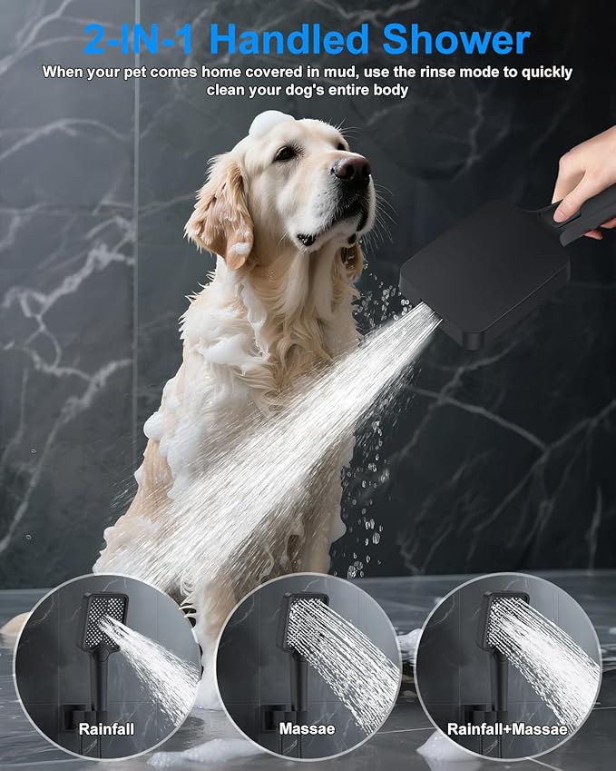 Shower System with Pressure Balance Valve, 12" Ceiling Mount Shower Faucet Set with 2 Rain Shower Head And Multi-function Handheld Head Push Button Diverter Pressure Balancing Valve Kit, Matte Black
