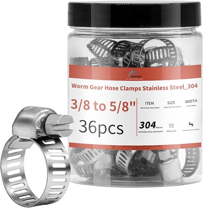 36 Pack 3/8'' - 5/8'' Worm Gear Hose Clamps, Adjustable Range 10-16mm 304 Stainless Steel Fuel Line Hose Clamps for Pipe, Plumbing, Automotive And Mechanical Application