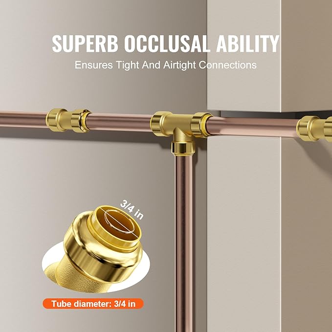 VEVOR Pipe Fittings, 3/4" 12PCS Brass Pipe Fittings, Straight-Through Push-Fit Pipe Connector Brass Air Fittings, Heavy Duty Plumbing Fittings Adapter for Heating/Shower Systems, Water Pipes