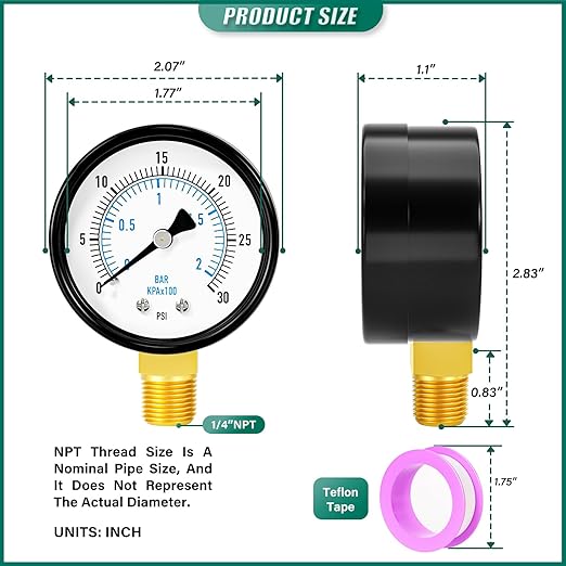 0-30PSI Well Pump Pressure Gauge 2" Dial Size, 1/4" NPT Lower Mount, 3-2-3% Accuracy, for Tube, Water Pump, Gas, Liquid, Pressure Test