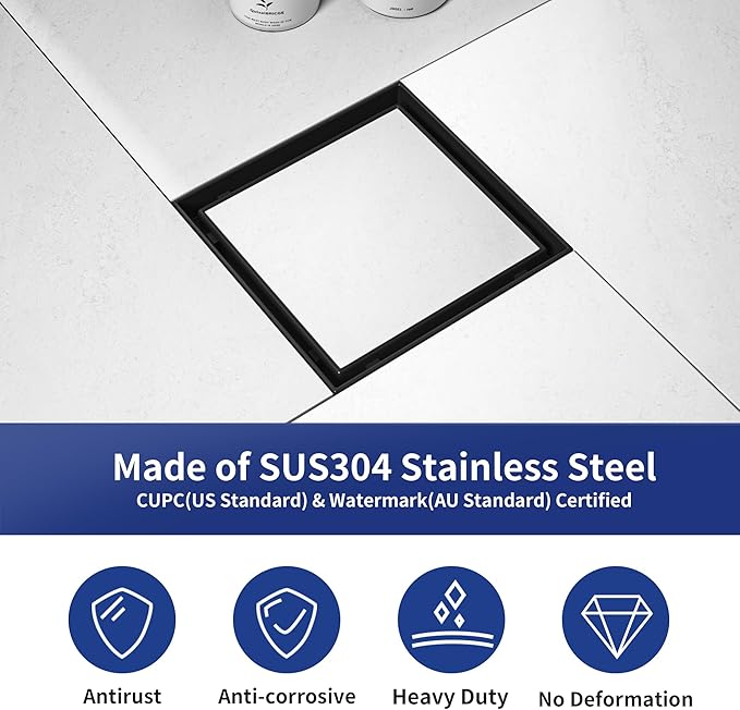 Square Shower Drain 6" with 2" PVC Flange Base, 304 Stainless Steel Tile in Floor Drain w/Tiled Insert Grate & Hair Catcher, CUPC Certified(Matte Black, 6'')