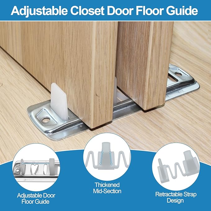 Closet Sliding Door Rolle Kit, Sliding Closet Door Floor Guide, Wardrobe Door Roller with Slide Track, Top-Hung Sliding Doors Hardware Replacement, Fits 3/4" to 1-3/8" in Thick Doors