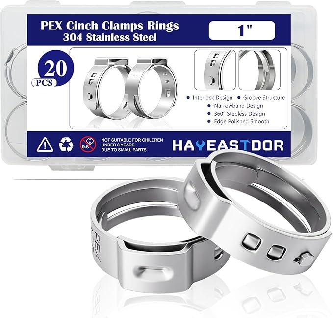 20PCS 1inch PEX Cinch Crimp Clamp Rings 304 Stainless Steel Single Ear Hose Clamps HE062-1