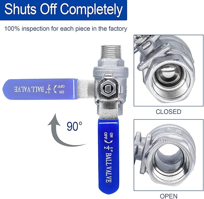 Ball Valve 1/2",1/2" Full Port Stainless Steel Ball Valve 304 NPT Water Valve, 1/2 inch Shut Off Valves for Oil and Gas with Blue Locking Handles 1000 WOG (1/2 inch, 1 pack)