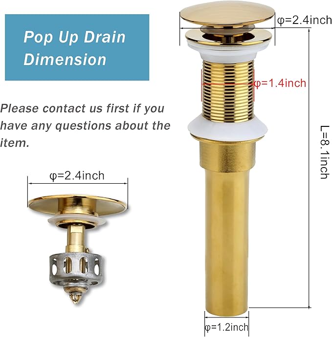 Bathroom Sink Drain, 5 Pack Gold Drain Stopper Bathroom Sink Without Overflow, Pop Up Drain Assembly with Detachable Strainer Basket, Built-in Anti-Clogging Strainer,Stainless Steel