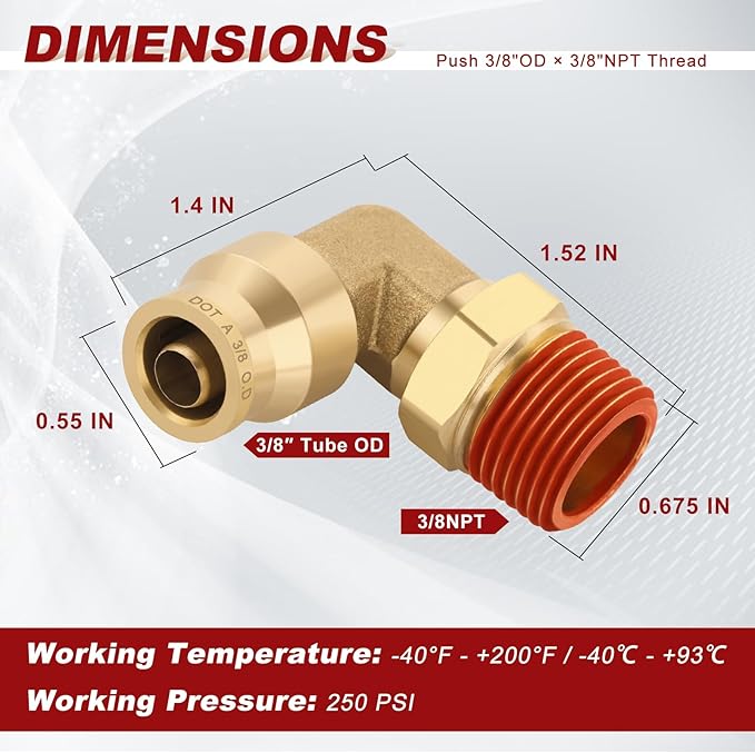 3/8" Quick Push to Connect Fittings Brass 90 Degree Union Swivel Elbow Joint DOT Approved 3/8" Tube OD x 3/8" NPT Thread Air Brake Line Adapter Air Suspension Kit for Car Truck Trailers 5pcs