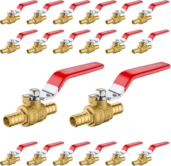 20-Pack Foskan 1/2 Inch PEX Crimp Full Port Ball Valve with Red Handle, Brass Quarter Turn Shut-off Valve for PEX Tubing
