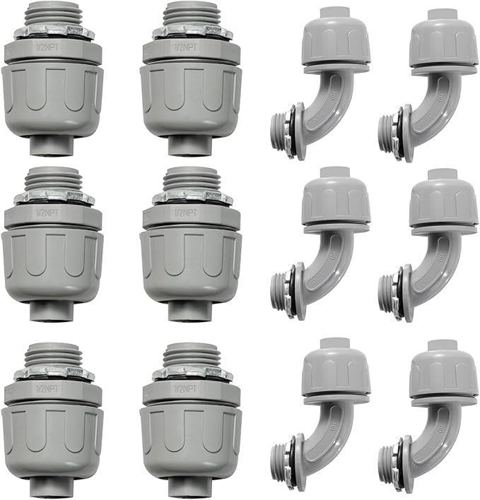 Conduit Connectors, 1/2 Inch Liquid Tight Connector NPT Non-Metallic for PVC Electrical Flexible Conduit Fittings, 6 Straight and 6 Angle 90 Degree, UL Listed, Grey (12-Pack)