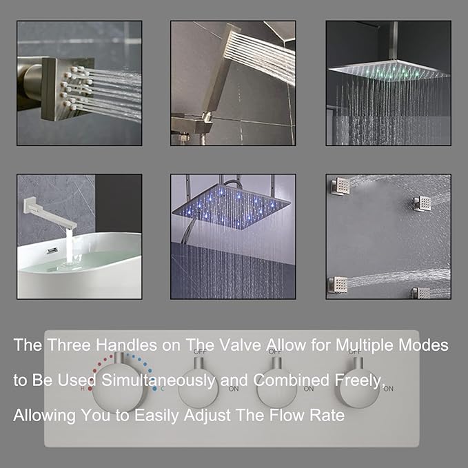 Thermostatic Shower Valve Concealed Mount, 3 Way Shower Mixing Valve Flow Can Control, Pressure Balancing, Brushed Nickel