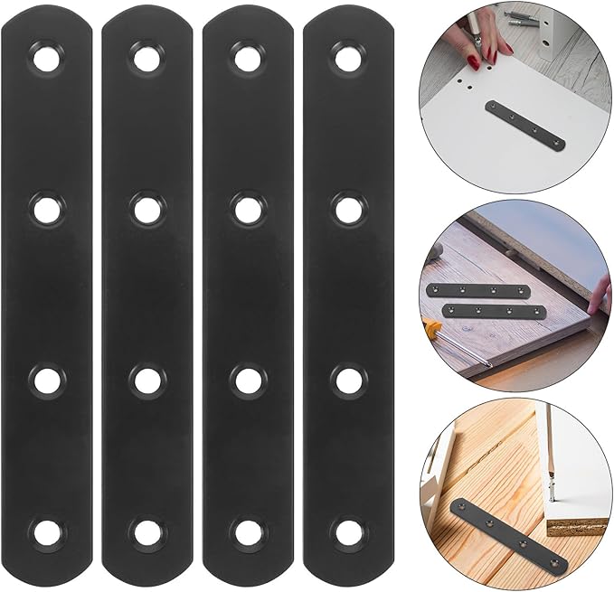 PRETYZOOM 4pcs Flat Straight Brackets Heavy Duty Mending Plates Repair Brace for Furniture Shelf Cabinet Post Base Reinforcement Black
