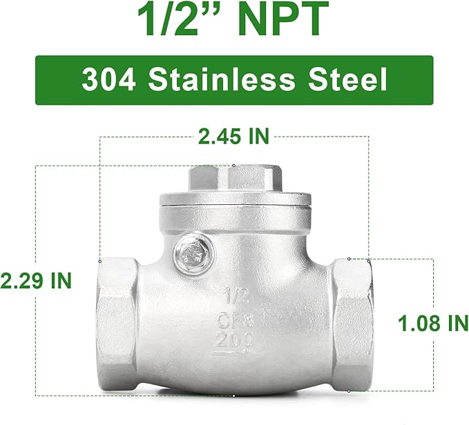 TAISHER 1PCS 304 Stainless Steel 1/2" NPT Female Swing Check Valve，Backflow Prevention, One Way Check Valve CF8 WOG 1000