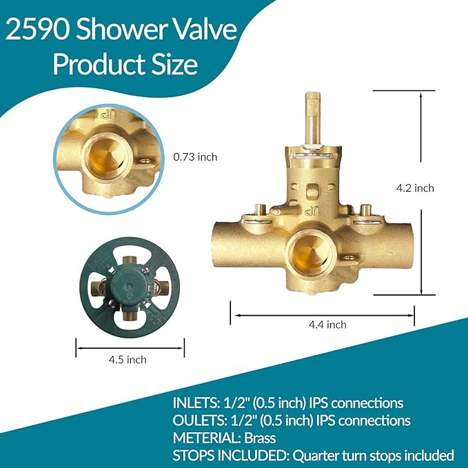 2590 Shower Valve, Shower Valve Replacement for Moen Valve-1/2 Inch IPS Connections, Pressure Balancing Cycling 4 Port Tub and Brass Shower Valves with Stops. Includes 1222 Cartridge