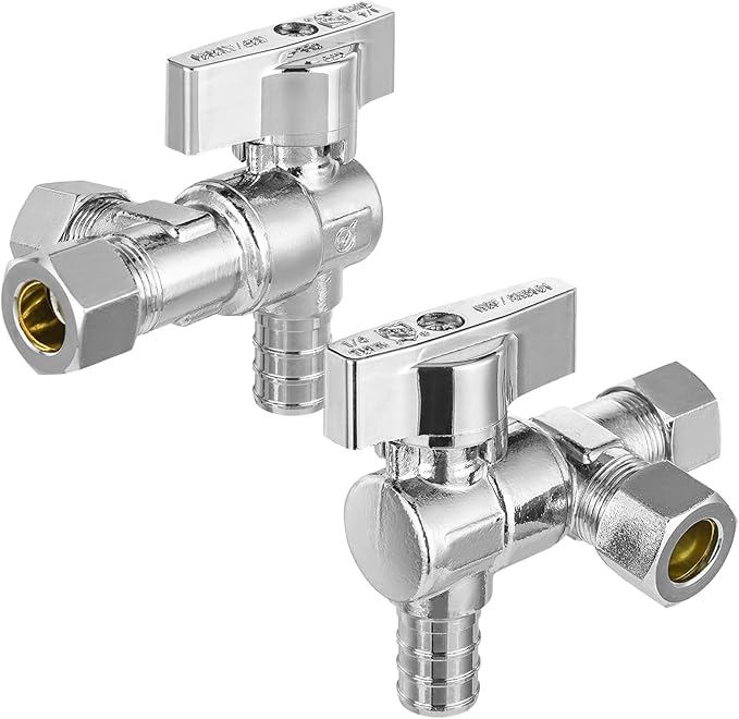 2-PCs HeSun Barb Crimp Inlet Angle Stop Valve, Quarter-Turn 1/2" PEX-B x 3/8" OD x 3/8" OD Compression, Dual Compression Outlet Shut Off Valve, PEX Chrome Plated Brass, ASTM F1807(VALVE200)
