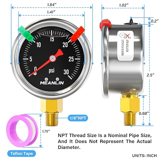 MEANLIN MEASURE 0~30Psi Black Stainless Steel Pressure Gauge, Glycerin Filled 1/8" NPT 1.5" FACE DIAL, Liquid Filled Pressure Gauge WOG Water Oil Air Lower Mount (with 2PCS Snaps)