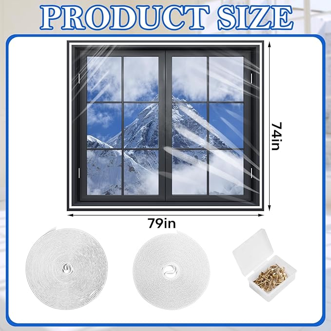 74×79inches Window Insulation for Winter,Plastic Window Cover for Winter,Thermal Window Insulation Kit for Winterizing,Thick Transparent Window Seal Film for Winter Window Covering