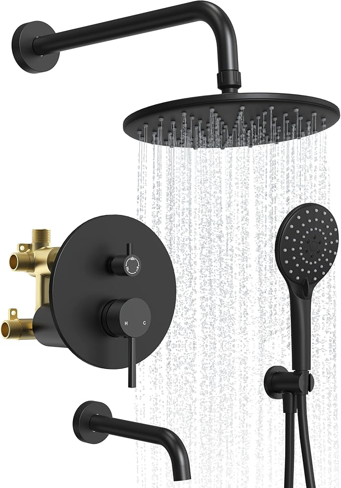 Upgraded Shower Faucet Set with Tub Spout: Aposhion 9 Inch Round Rainfall Shower System Rough-in Pressure-balanced Valve with Handheld Sprayer, Wall Mounted Bathtub Shower Faucet Kit Complete