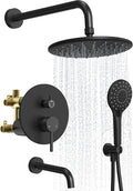 Upgraded Shower Faucet Set with Tub Spout: Aposhion 9 Inch Round Rainfall Shower System Rough-in Pressure-balanced Valve with Handheld Sprayer, Wall Mounted Bathtub Shower Faucet Kit Complete