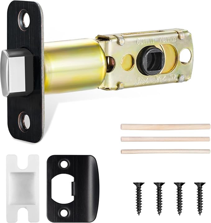 Venetian Bronze Adjustable Door Latch 60 or 70mm, 45° Turning Angle, Door Lock Replacement Parts with Door Strike Plate, Wood Dowel, Dust-Boxes