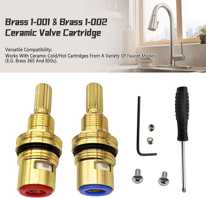 Brass 1-001 & Brass 1-002 Ceramic Cartridge Kit Compatible with Hot Widespread Cartridge and Cold Widespread Cartridge Brass Construction Ceramic Valve Set