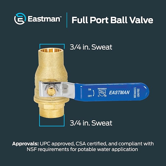 Eastman Heavy Duty Full Port Brass Ball Valve, 3/4 in Sweat x 3/4 in Sweat Connection, 20063LF