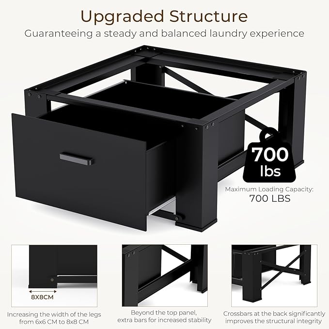 SKM 2-Pack 28" Washer and Dryer Pedestal Stand with Storage Drawer | Heavy-Duty Steel Frame, 700LB Capacity | 14.3 Inch Lift to Reduce Back Strain, Black
