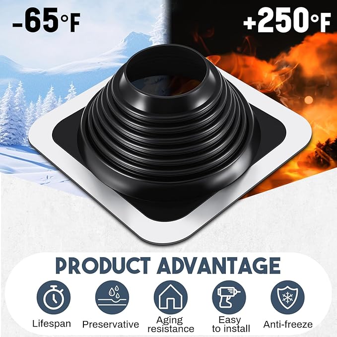 #6 Metal Roof Vent Boot Chimney Flashing Roof Jack Pipe Vent for Pipe OD 5 to 10 Sleeve Square Base Epdm (12 Inch, Black)