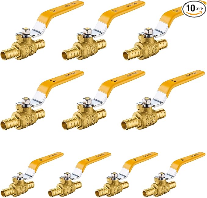 10 Pack Ball Valves, 1/2" Pex Crimp Shut Off Valve Yellow, Brass Full Port Pex B Shut Off Ball Valve for Hot and Cold Water, NSF/ANSI 61 Certified