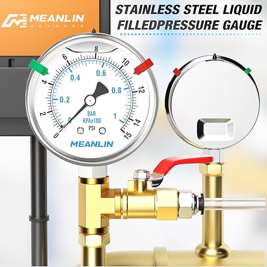 MEANLIN MEASURE 0~15Psi Stainless Steel Liquid Filled Pressure Gauge 2.5" FACE DIAL 1/4" NPT for Water Oil Air Well Pump Tank Tire Pressure Test Lower Mount with Stainless Steel Hex Bushing and Snaps