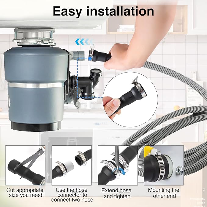 Universal Dishwasher Drain Hose - 6 Ft Corrugated Discharge Hose Flexible Dishwasher Replacement Drain Hose Extension with 2 Clamps,Fit 5/8"-3/4" and 1"