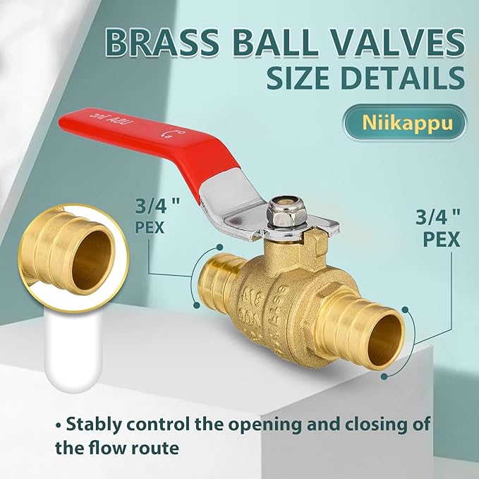 50 Pack Ball Valves, 3/4" Pex Crimp Shut Off Valve Red, Brass Full Port Pex B Shut Off Ball Valve for Hot and Cold Water, NSF/ANSI 61 Certified