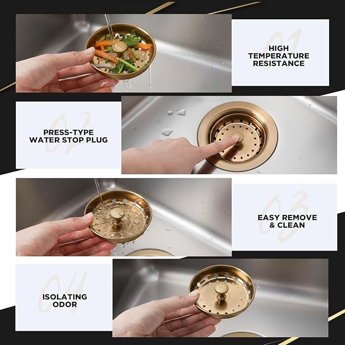 LEIFIDE 2 Pcs Champagne Brown Kitchen Sink Drain - Fit 3.5 Inch Standard Sink 304 Stainless Steel Brushed Brass Drain Strainer Basket with Knob Rubber Stopper Bottom