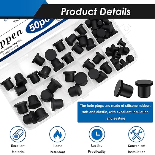 50Pcs Silicone Rubber Hole Plug for Round Holes, 5 Sizes High Temp T-Type Waterproof Rubber Plugs for 4-9.5mm ID Hole for Bottles Flower Pot Metal Tube