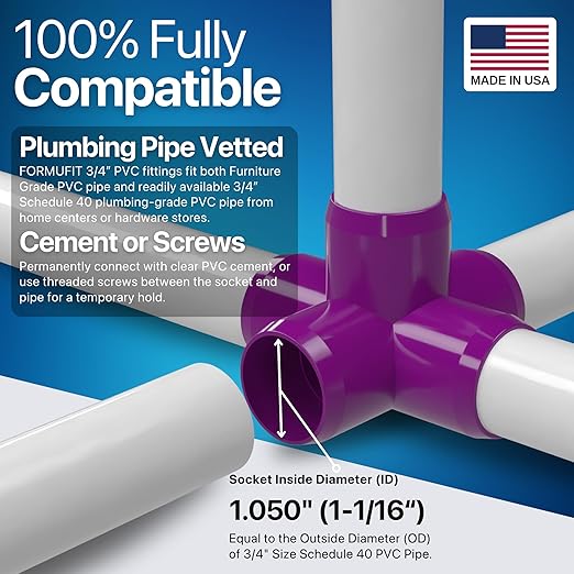 FORMUFIT 3/4" 5-Way Cross Furniture Grade PVC Fitting in Purple, Made in USA, UV-Resistant, Impact-Proof, 1.050” Actual Socket Diameter (Pack of 8) - F0345WC-PU-8