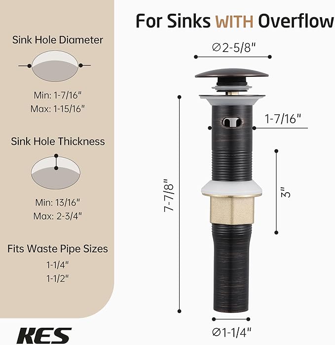 KES Bathroom Sink Drain with Strainer Basket Drain Hair Catcher, Pop Up Drain Stopper Vessel Sink Vanity with Overflow Anti Clog, Oil Rubbed Bronze S2013A-ORB