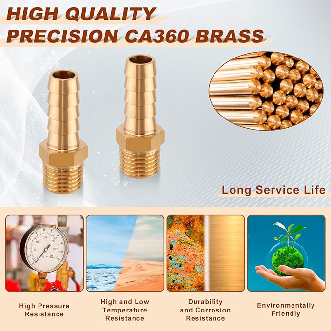 5pcs Brass Hose Barb Fittings 3/8 Inch Barb to 1/4 Inch NPT Male Thread Air Hose Fittings Adapter Connector Water Fuel Air Line Fittings 3/8” Barb × 1/4” NPT Brass Fittings