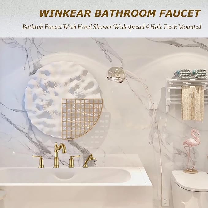 Roman Bathtub Faucet Set With Hand Shower 4 Hole Deck Mount Tub Filler With Diverter, 2 Lever Handle Rough-in Valve and Water Supply Lines Included for Bathroom Tub, Brushed Gold
