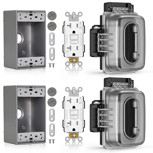 ELEGRP Outdoor GFCI Outlet with in Use Cover and Box Kit, 1 Gang, 20 Amp TRWR Self-Test GFI Receptacle, Extra Duty Metallic Electrical Outlet Box, Lockable in Use Cover, UL Listed, White, 2 Pack
