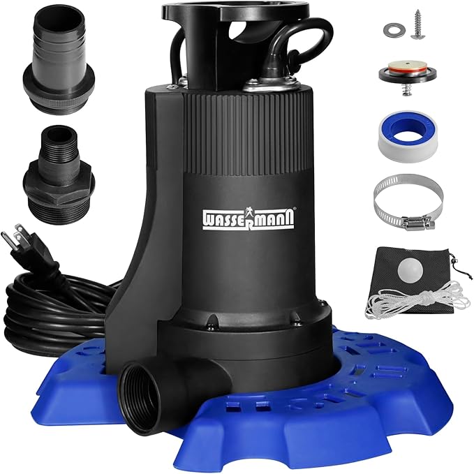WASSERMANN Automatic Pool Cover Pump, 1/3 HP 4200GPH Submersible Pump Auto On/Off with Check Valve and 26FT Long Power Cord 115V Water Removal for Above Ground Pools, Hot Tubs, Spas