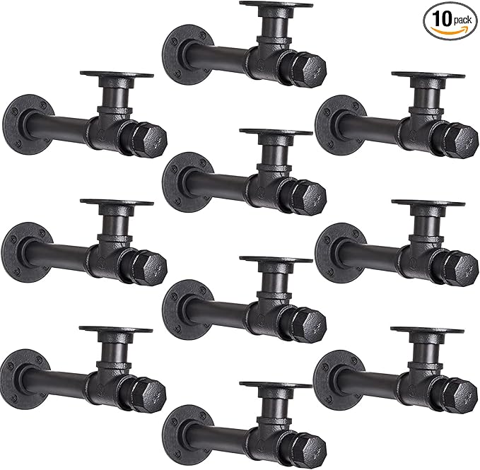 Rustic Pipe Shelf Brackets 10 Packs Industrial Iron DIY L Pipe Shelf Bracket for 7"-14" Wood Floating Shelf Vintage Look Home Pipe Decor