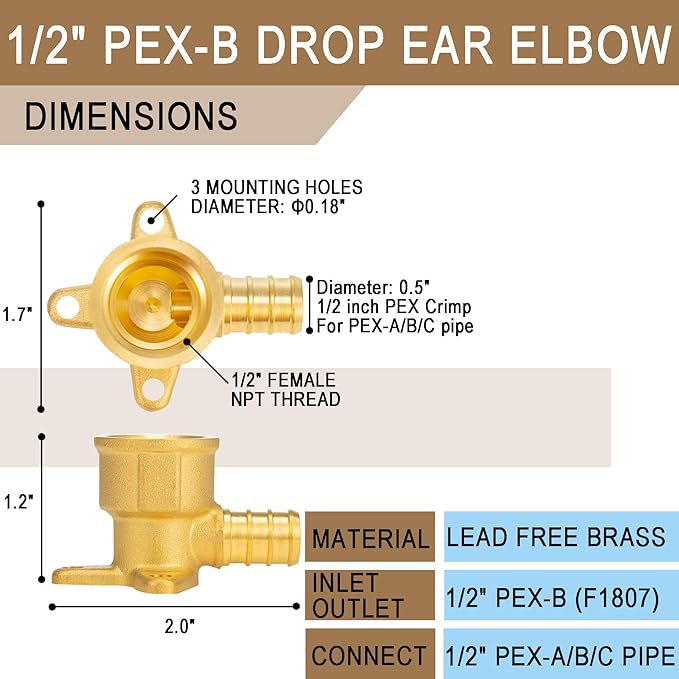 [10 Pieces] Lingmfg Pex Fittings 1/2 Inch Female Drop Ear Elbow 90 Degree, 1/2 Inch Female Thread x 1/2" Pex F1807 Crimp Brass