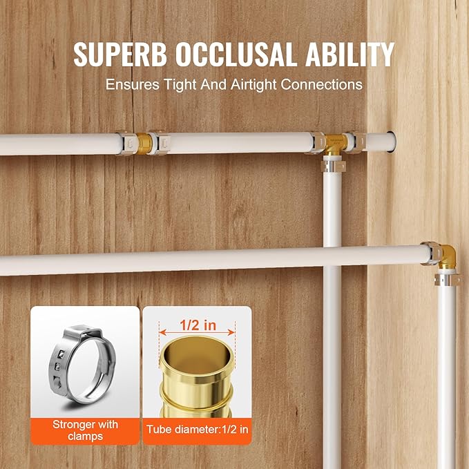 VEVOR Pipe Fittings, 1/2" 50PCS Brass Pipe Fittings, Clamp-style Straight-Through Pipe Connector Brass Air Fittings, Heavy Duty Plumbing Fittings Tube Adapter for Heating/Shower Systems,Water Pipes