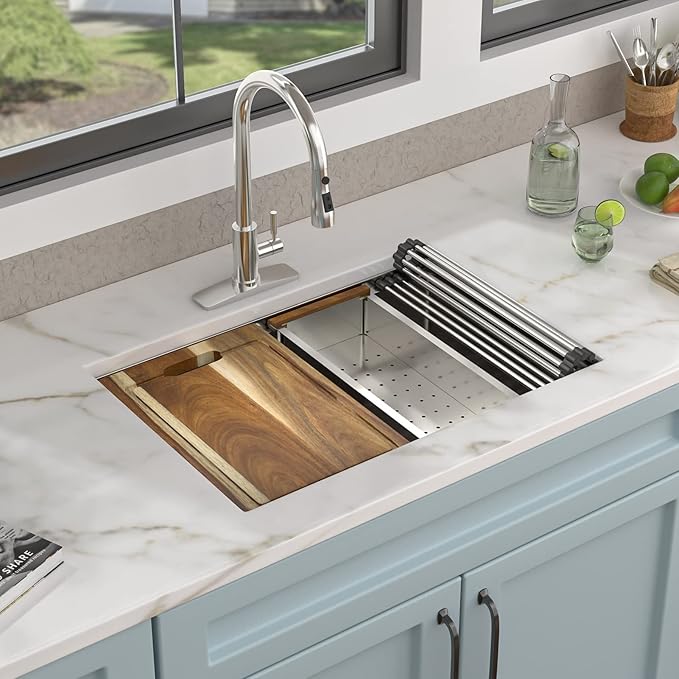 30"x19" Undermount Kitchen Sink – 16 Gauge 304 Stainless Steel Ledge Workstation Under Counter Round Corners Single Bowl Sink Basin