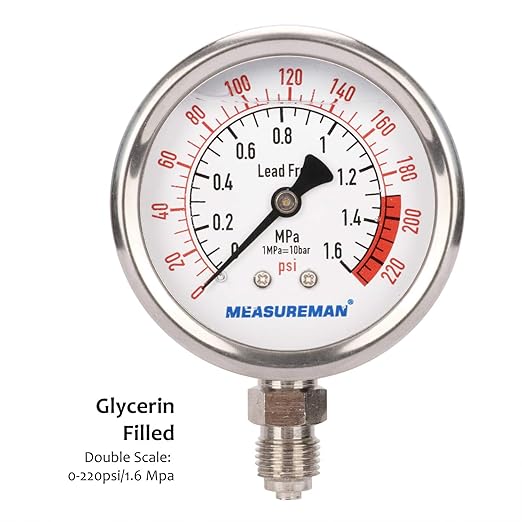 MEASUREMAN Lead-Free Glycerin Filled Reverse Osmosis Pressure Gauge, Purified Water Pressure Gauge, 2-1/2" Dial Size 1/4" Lower Mount, 0-220Psi/Mpa, with PU Tube Connection
