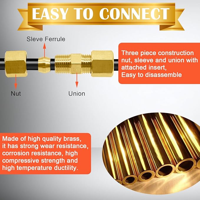 46PCS Brass Compression Tube Fitting Assortment kit- 1/8", 3/16", 1/4", 5/16", 3/8" OD Compression Fittings, Compression Sleeves Ferrules &Compression Union Connector