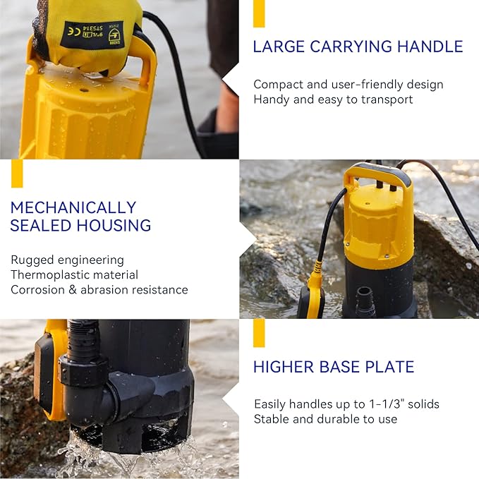 Acquaer 1.2HP Sump Pump 5722GPH Submersible Pump with Automatic Float Switch, Clean/Dirty Water Removal for Basement, Hot Tub, Pools, Garden Pond