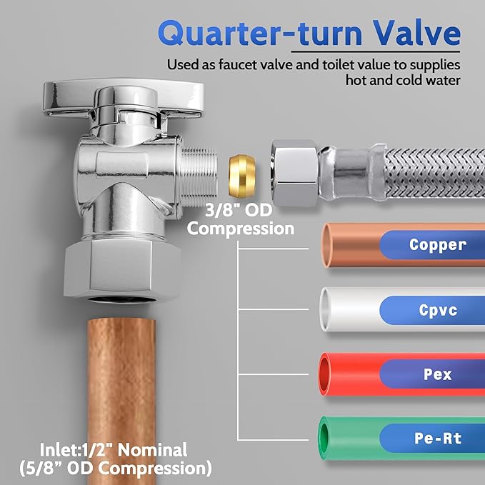 Angle Stop Valve 20 Pack,1/2" Nominal Comp (5/8"OD Comp,Fits 1/2" Copper Pipe) X 3/8'' OD Compression Quater Turn Angle Shut Off Valve,Solid Brass,Chrome,20 Pcs